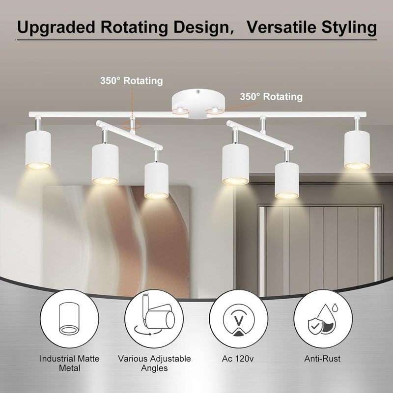 AUQUEE 6 Light Track Lighting Fixtures Ceiling, Matte White Kichen Track Lighting Fixtures with Rotatable Light Heads, Upgrade Light Poles, Modern LED Spot Lights for Kitchen/Hallway, No GU10 Bulb - Image 2